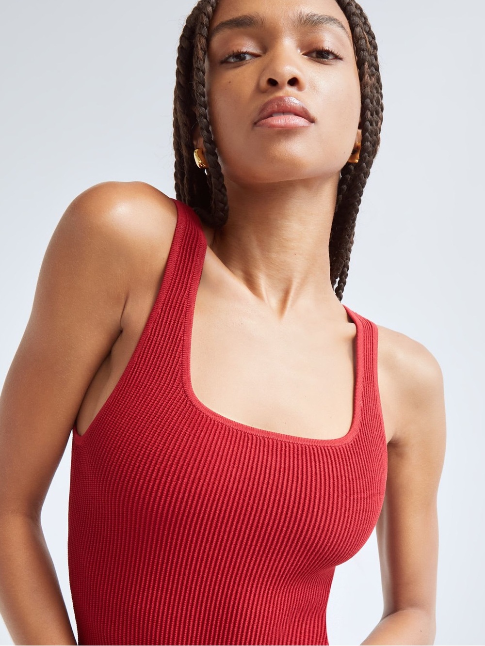 Babaton Red Ribbed Square Neck Crop Top